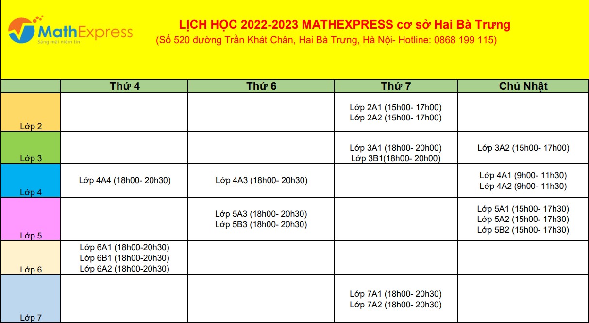 Lịch học năm 2022- 2023 tại MathExpress cơ sở Hai Bà Trưng.