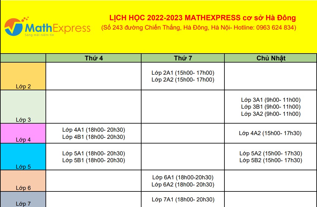 Lịch học năm 2022- 2023 tại MathExpress cơ sở Hà Đông.