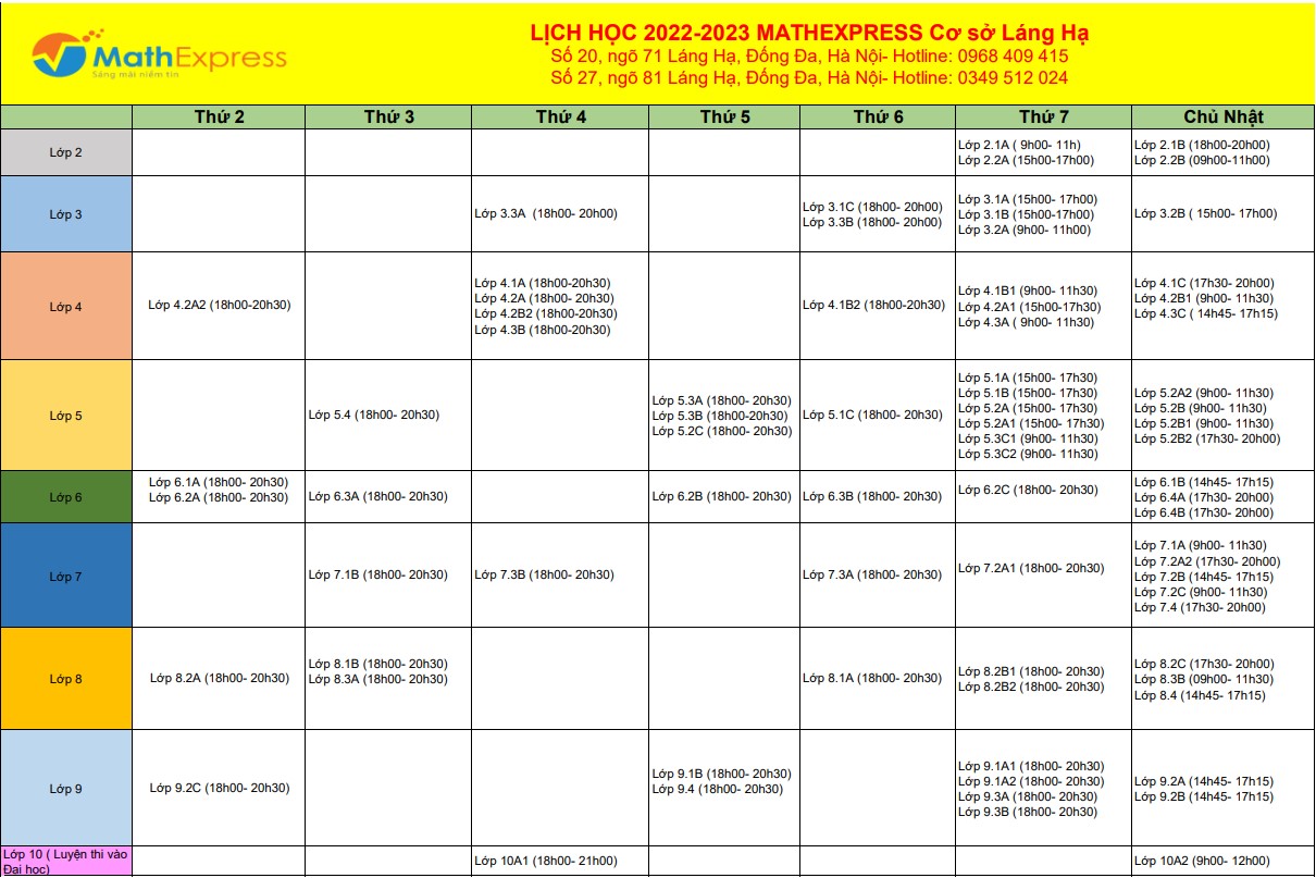 Lịch học năm 2022- 2023 tại MathExpress cơ sở Láng Hạ