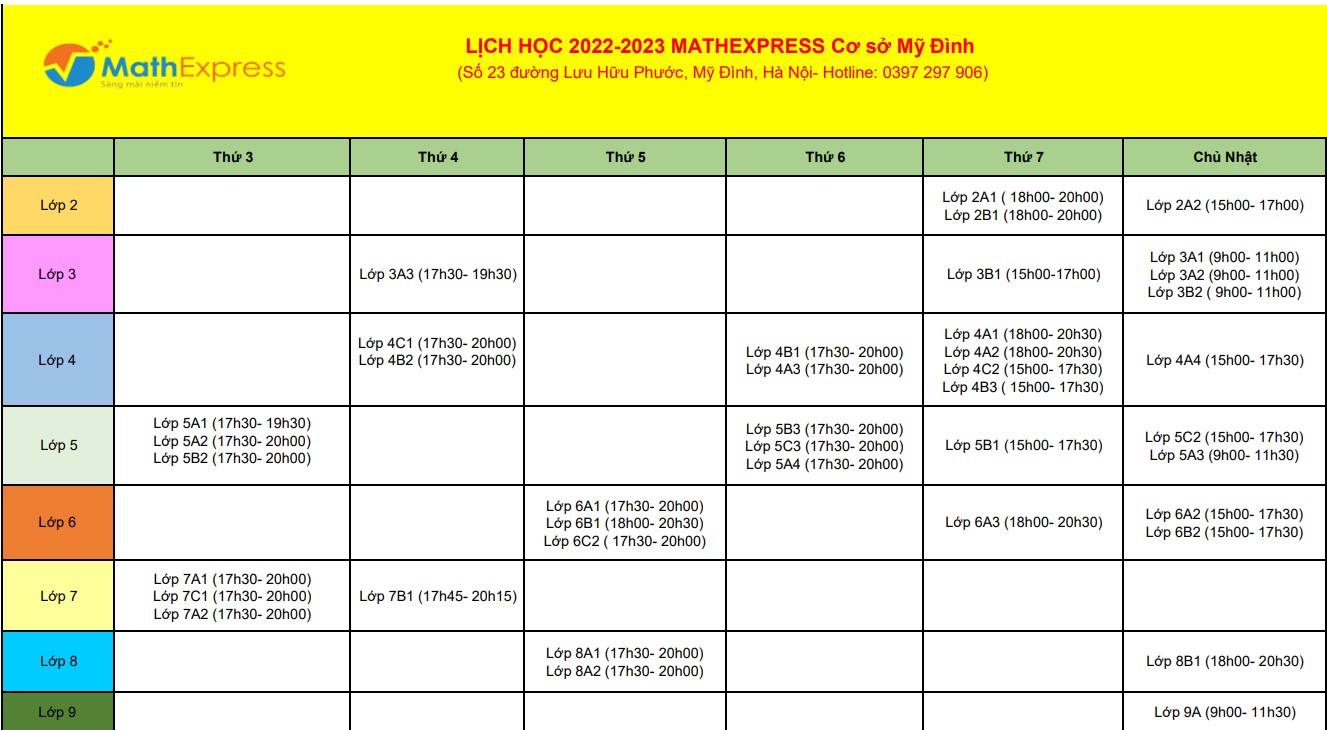 Lịch học năm 2022- 2023 tại MathExpress cơ sở Mỹ Đình.