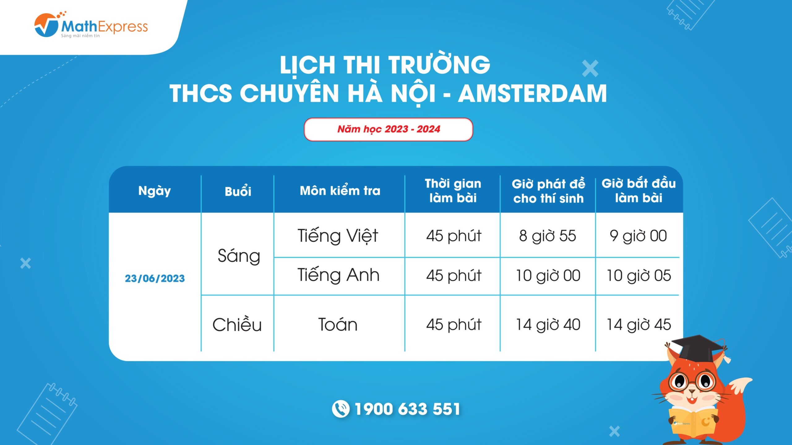 Lịch thi khố THCS chuyên Amsterdam