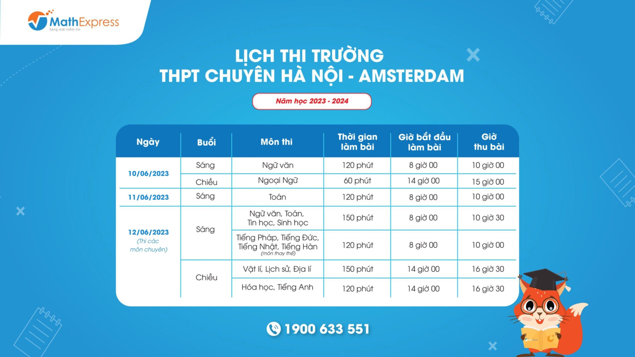 Lịch thi khối THPT chuyên Amsterdam