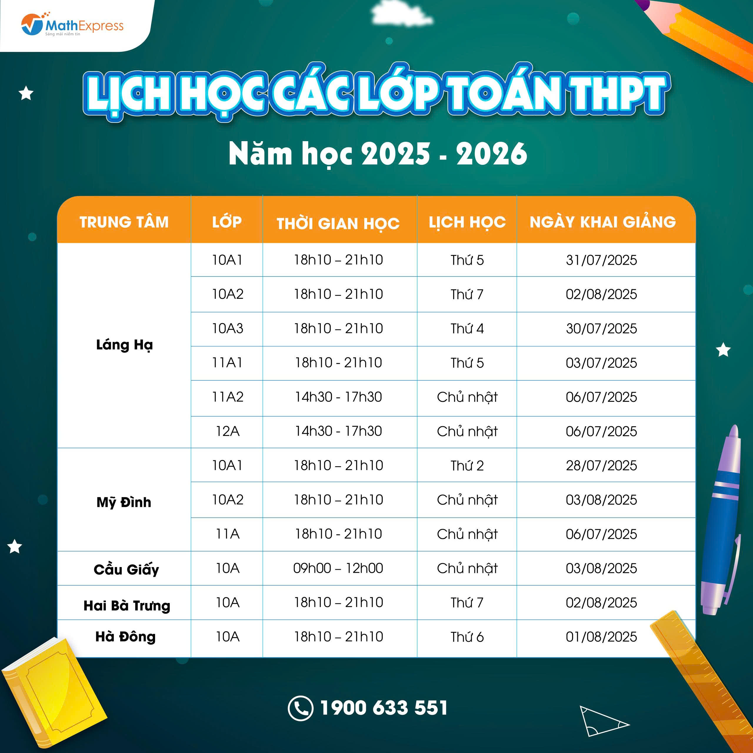 Lịch học các lớp Toán THPT năm học 2025-2026 tại MathExpress