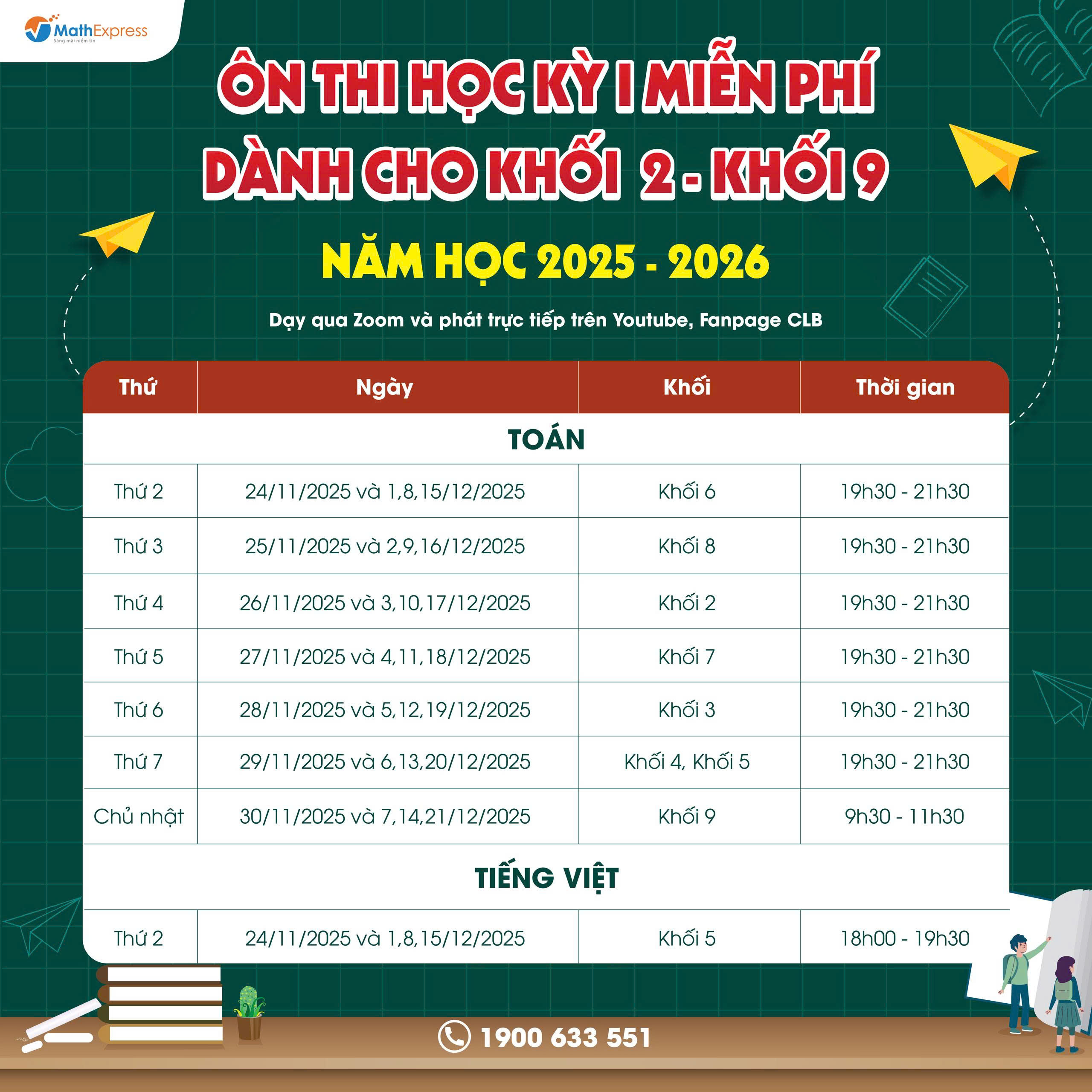 Lịch học lớp Ôn thi Học kỳ I miễn phí cho học sinh khối 2- khối 9