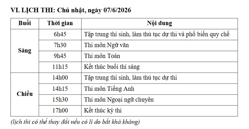 Lịch thi trường THPT Chuyên Ngoại Ngữ năm 2026