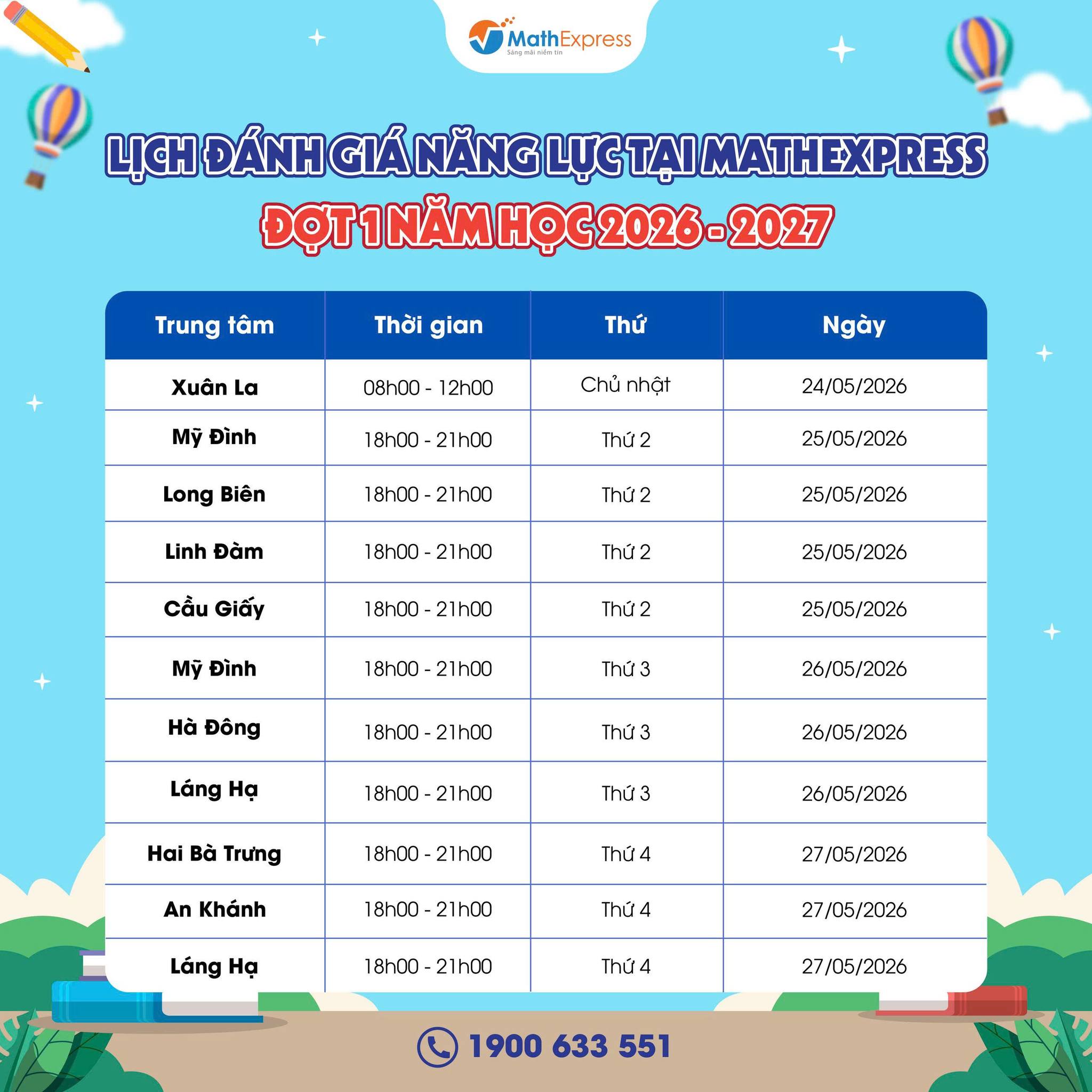 Lịch Đánh giá năng lực Đợt 1 năm học 2026 - 2027 tại MathExpress