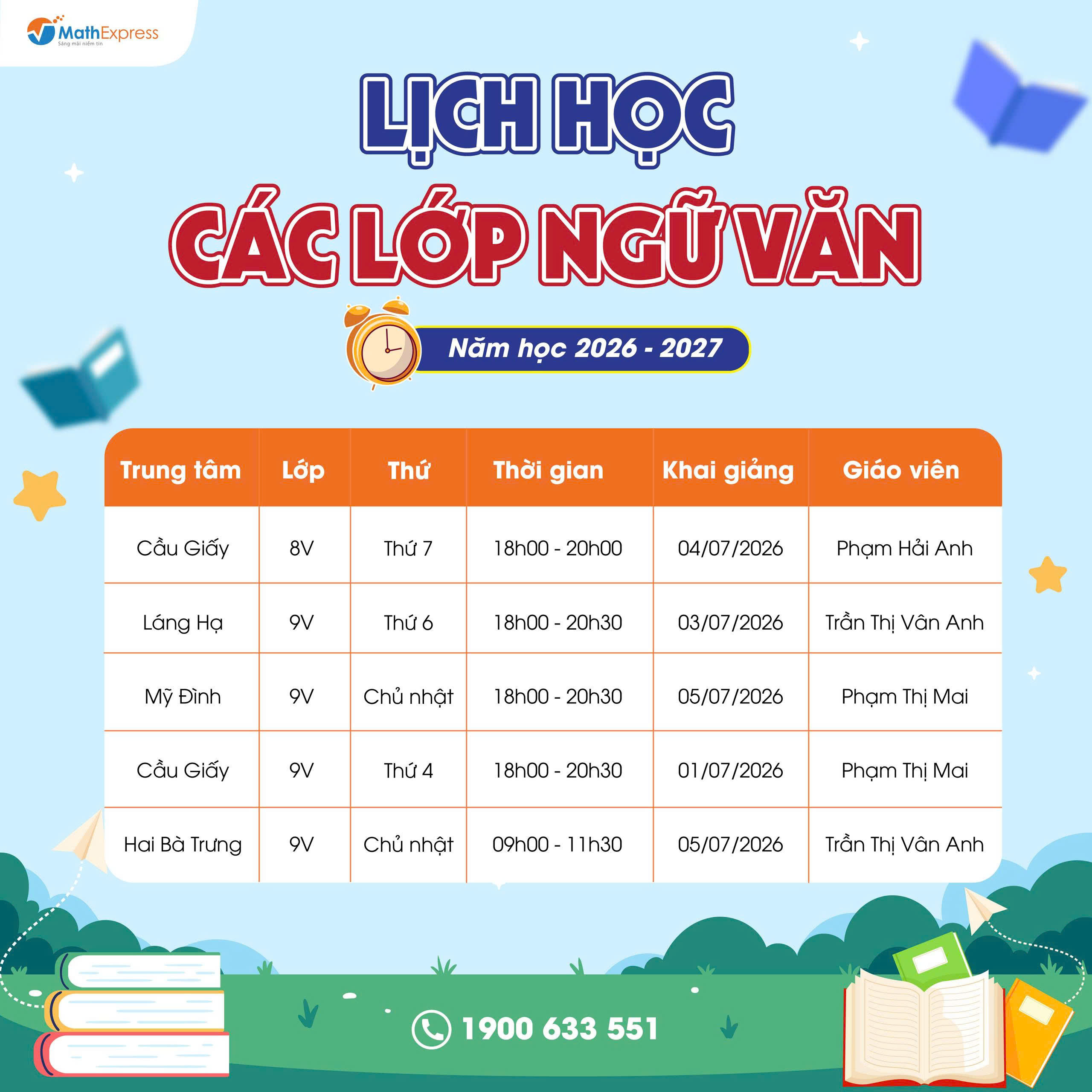 Lịch học các lớp Ngữ Văn năm học 2026 - 2027