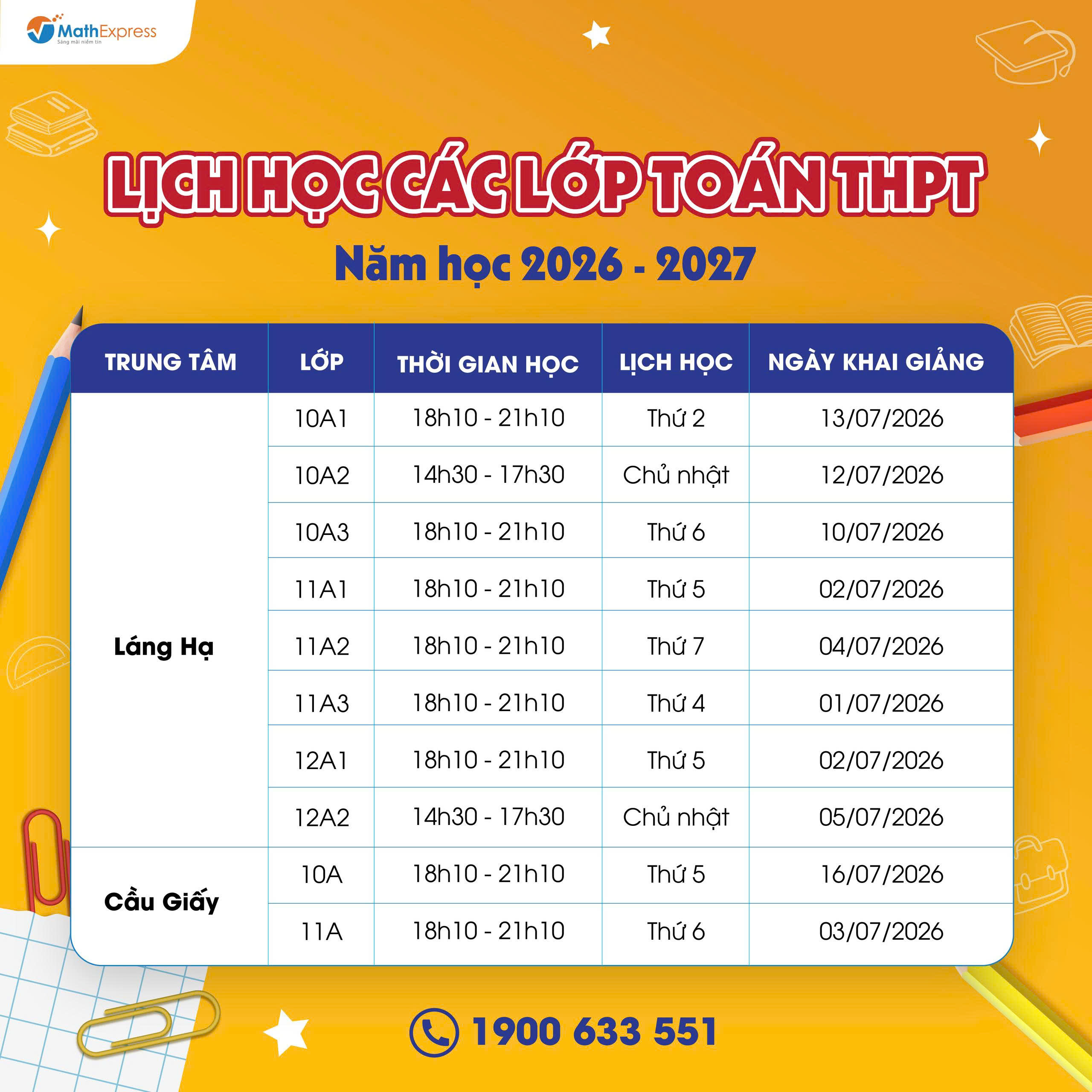 Lịch học lớp Toán THPT MathExpres