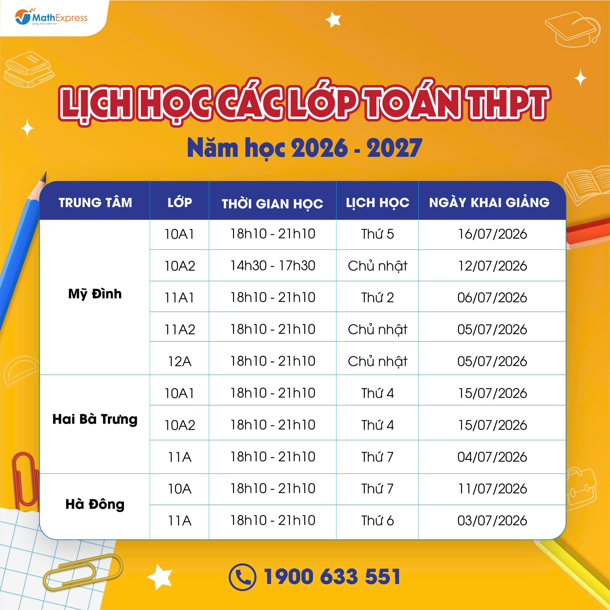 Lịch học lớp Toán THPT MathExpres