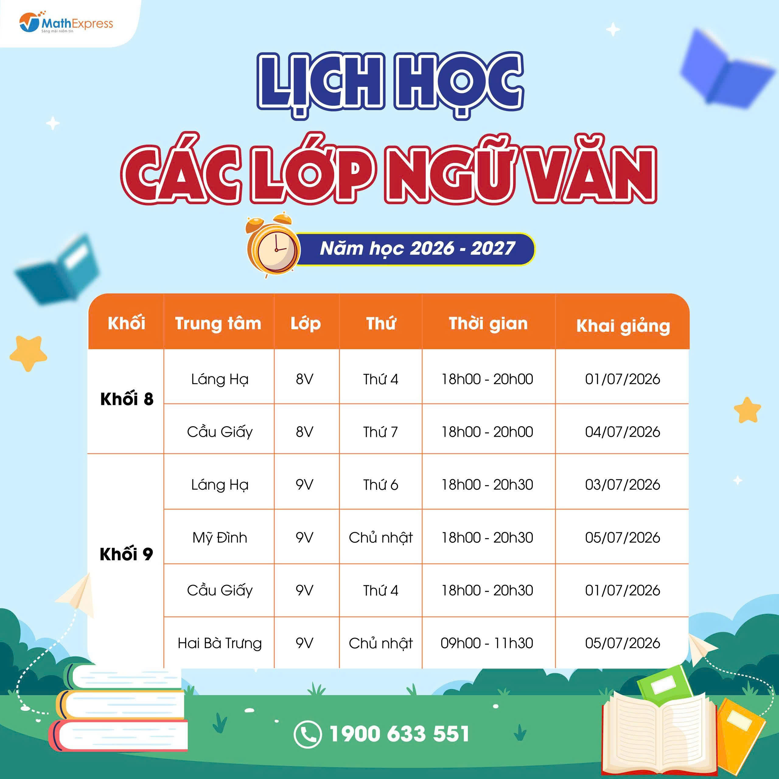 Lịch học các lớp Ngữ Văn năm học 2026-2027