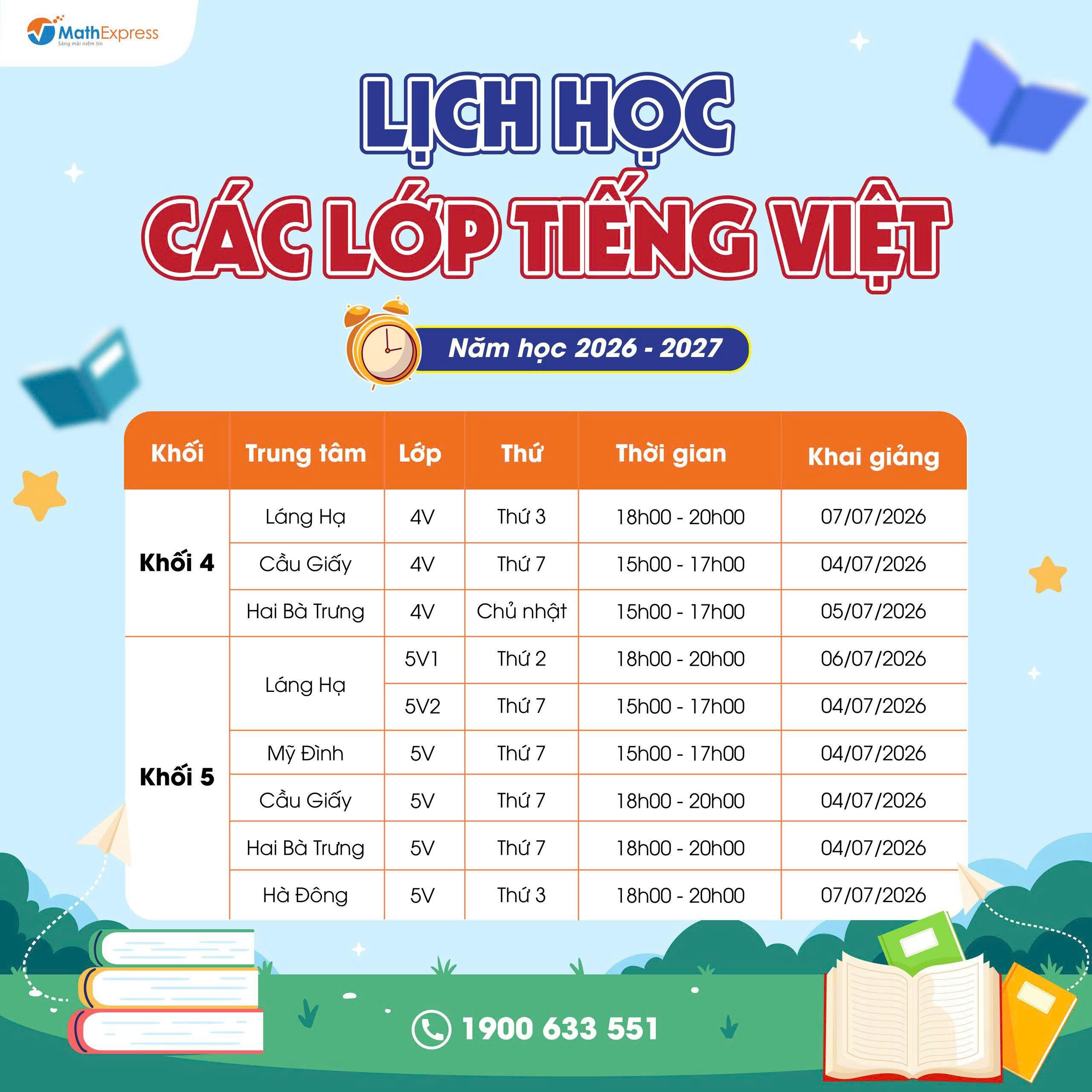 Lịch học các lớp Tiếng Việt năm học 2026-2027