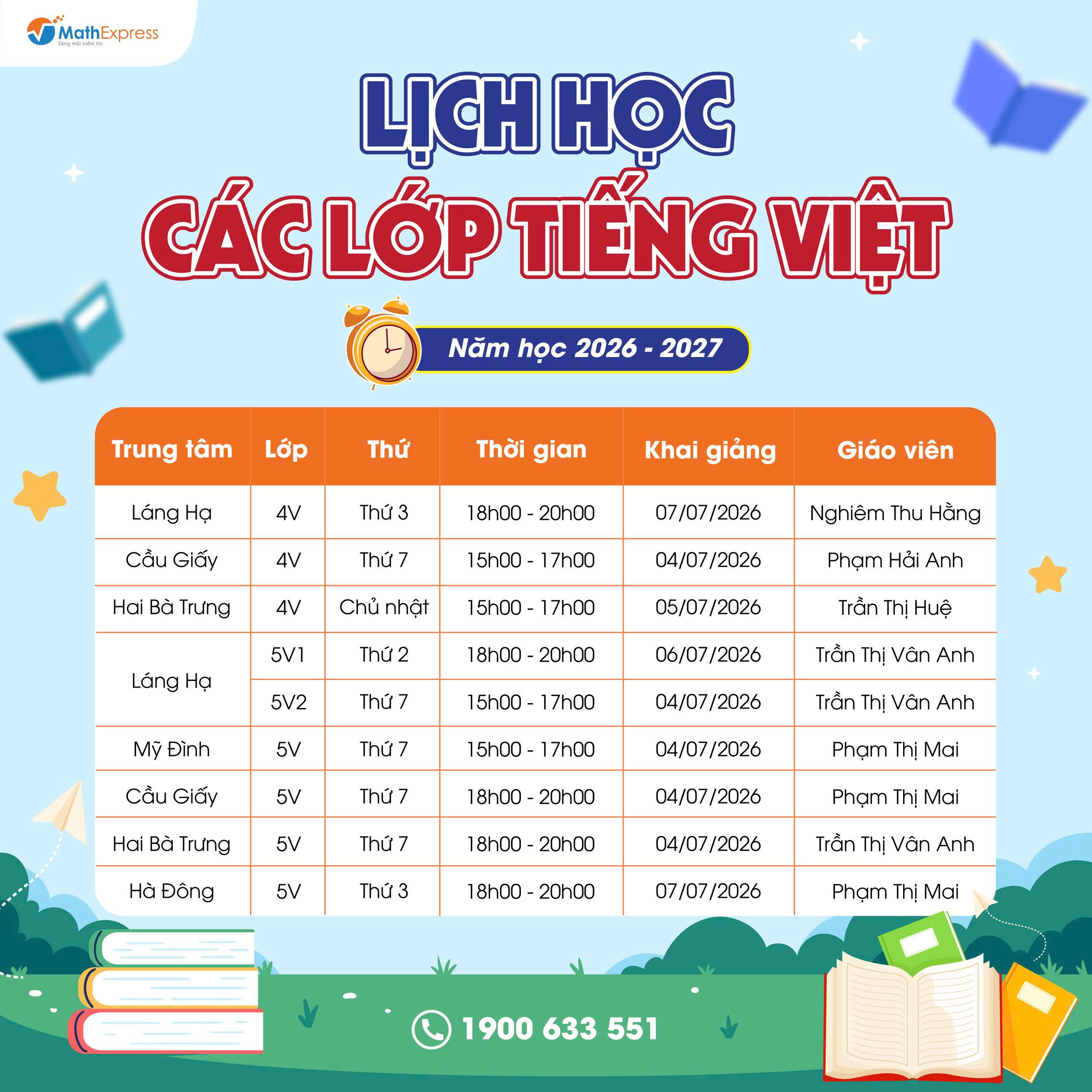 Lịch học các lớp Tiếng Việt năm học 2026 - 2027