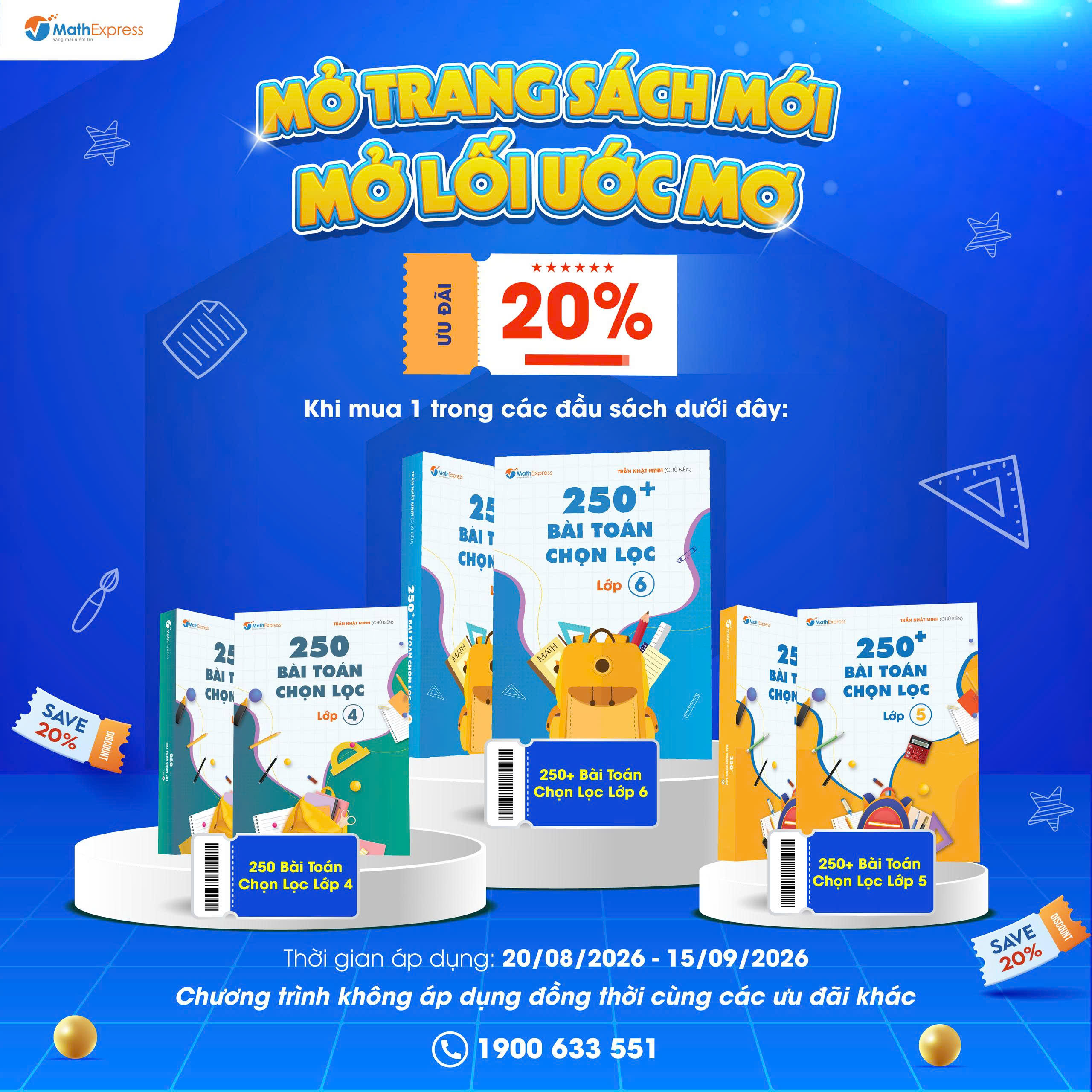 MathExpress ưu đãi 20% bộ sách “250+ Bài Toán Chọn Lọc” lớp 4, 5, 6